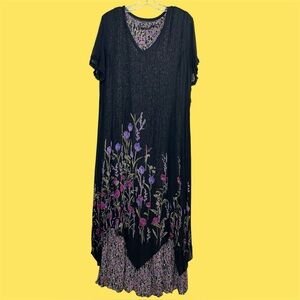 Lola P Cottagecore Dress L Black Sheer Floral Overlay Hanky Hem Whimsigoth Fairy